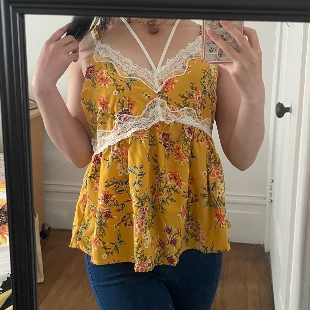 Yellow floral lace peplum tank